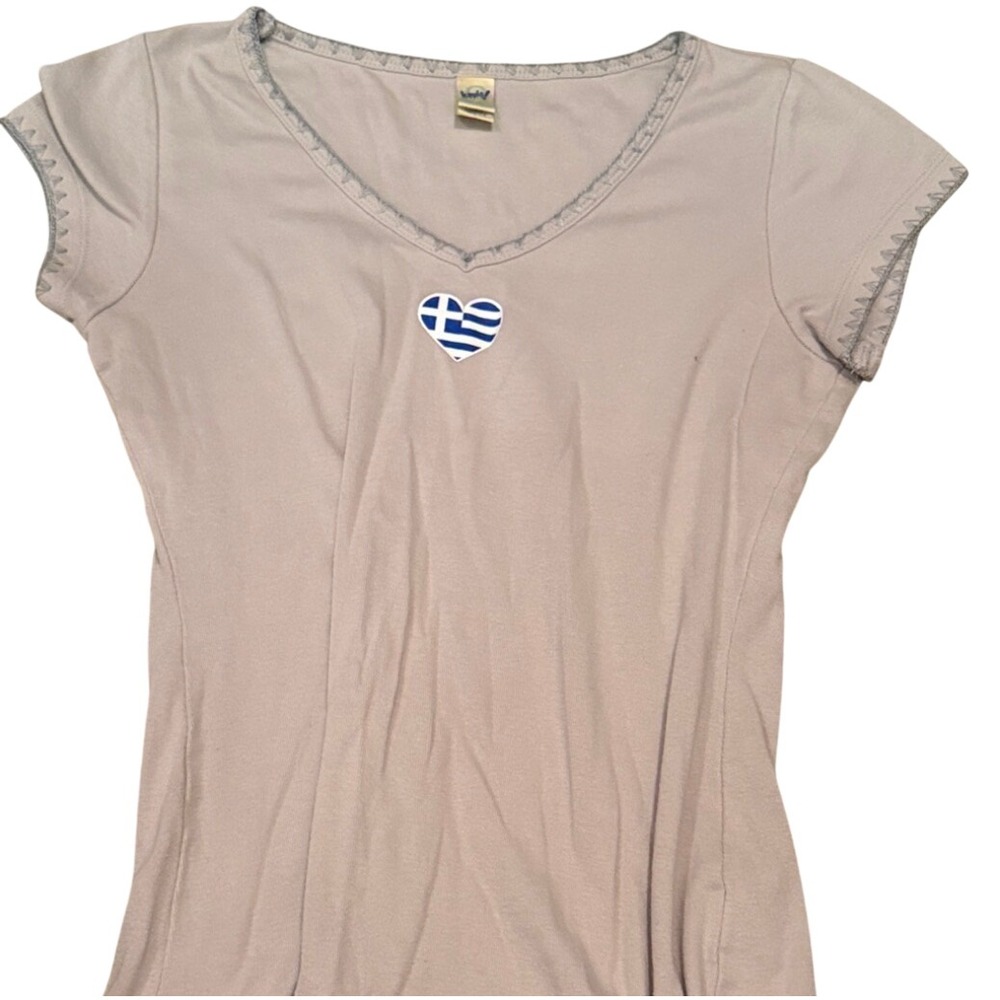 vintage Kavio Womens Greece Heart Flag V-Neck T-Shirt 100% Cotton Tshirt Large